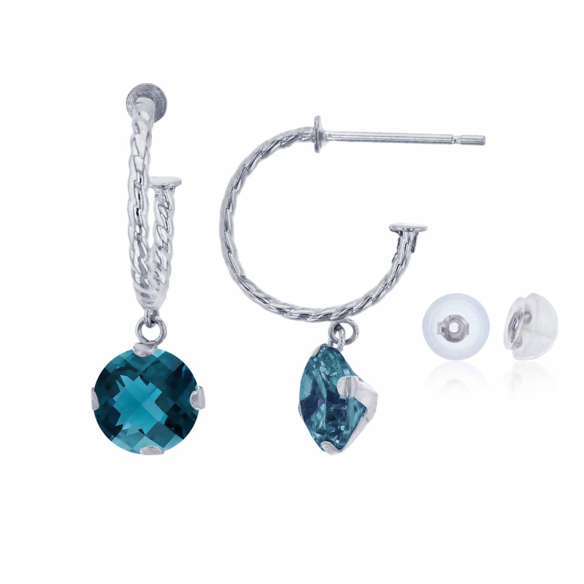 14K White Gold 12mm Rope Half-Hoop with 6mm Rd London Blue Topaz Martini Drop Earring with Silicone Back