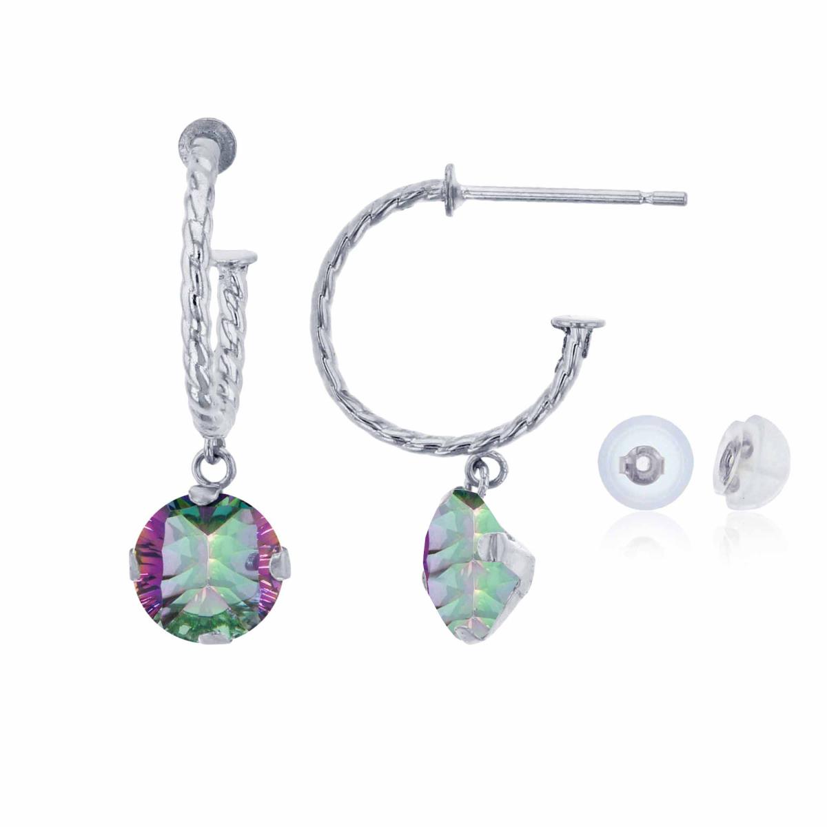 14K White Gold 12mm Rope Half-Hoop with 6mm Rd Mystic Green Quartz Martini Drop Earring with Silicone Back