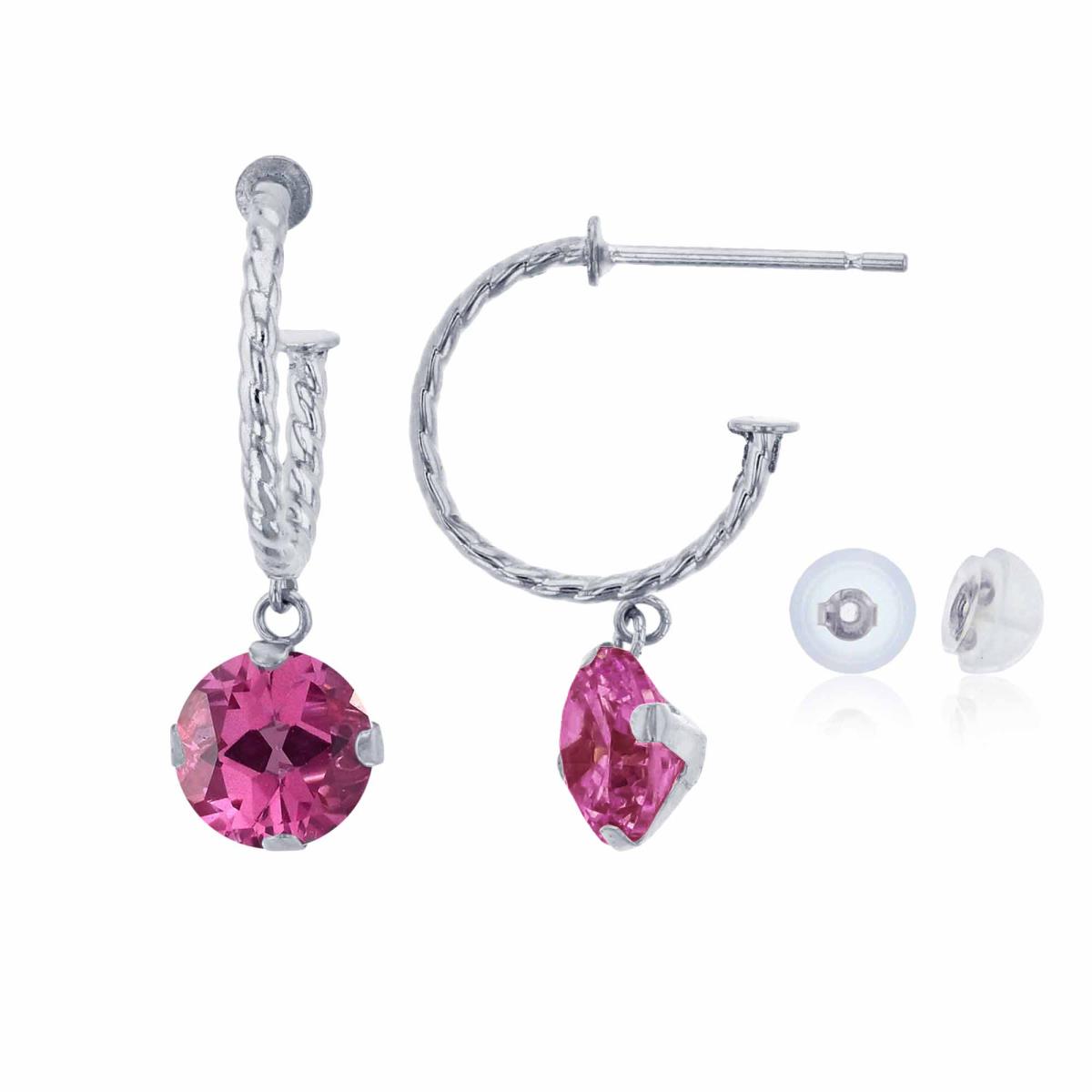 14K White Gold 12mm Rope Half-Hoop with 6mm Rd Pure Pink Martini Drop Earring with Silicone Back