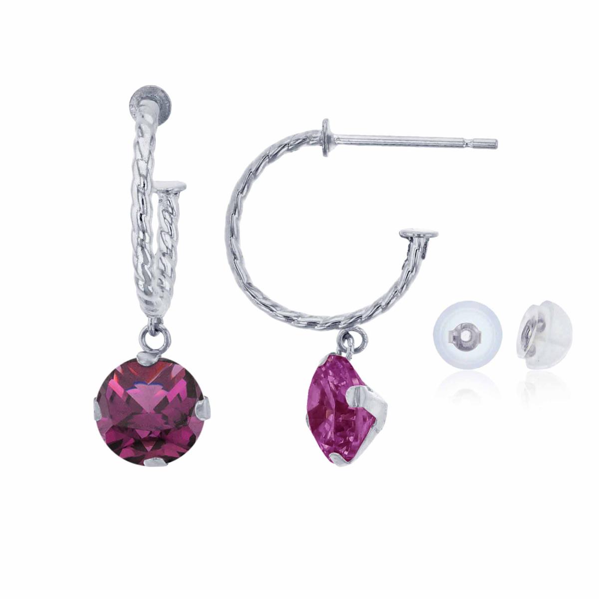 14K White Gold 12mm Rope Half-Hoop with 6mm Rd Rhodolite Martini Drop Earring with Silicone Back
