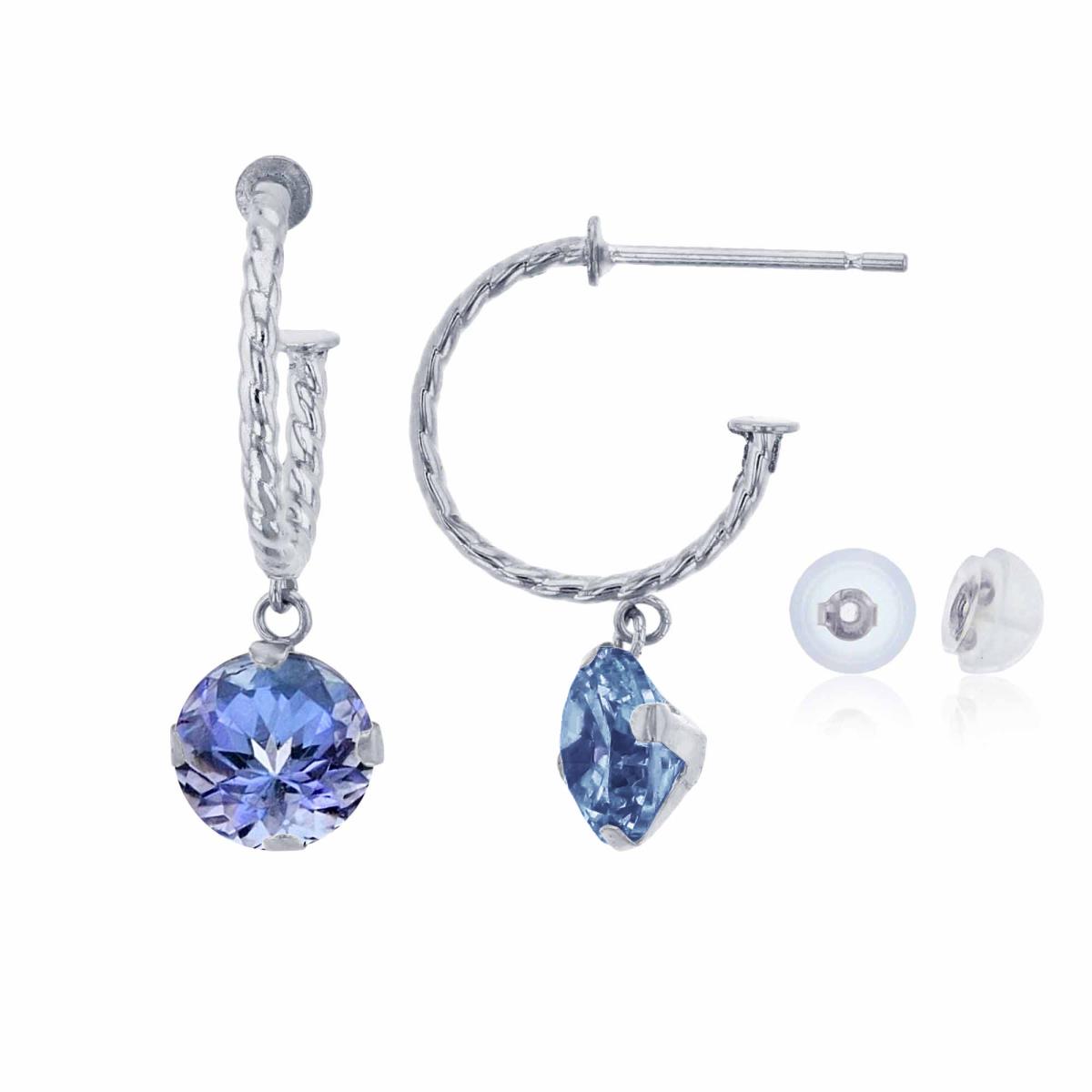 14K White Gold 12mm Rope Half-Hoop with 6mm Rd Tanzanite Martini Drop Earring with Silicone Back