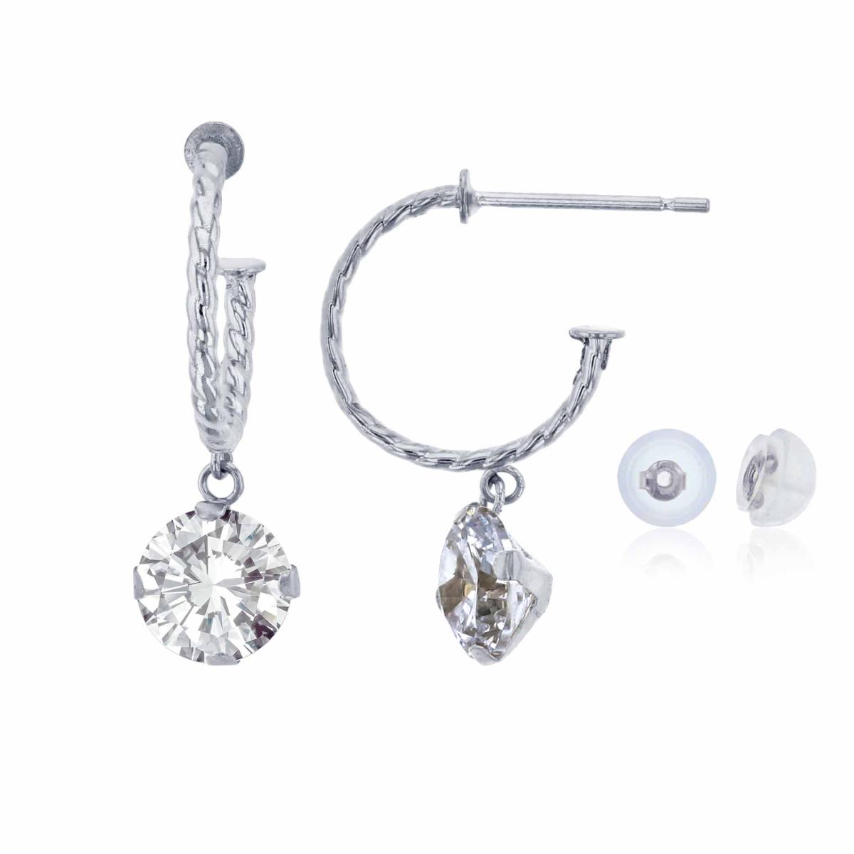 14K White Gold 12mm Rope Half-Hoop with 6mm Rd White Topaz Martini Drop Earring with Silicone Back