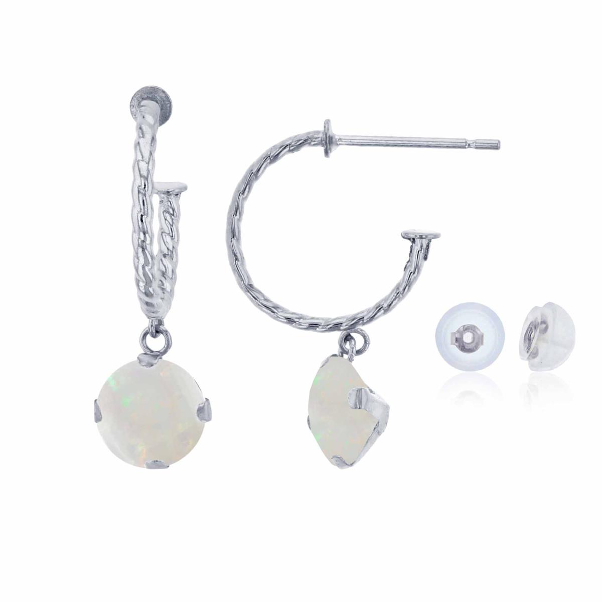 14K White Gold 12mm Rope Half-Hoop with 6mm Rd Opal Martini Drop Earring with Silicone Back