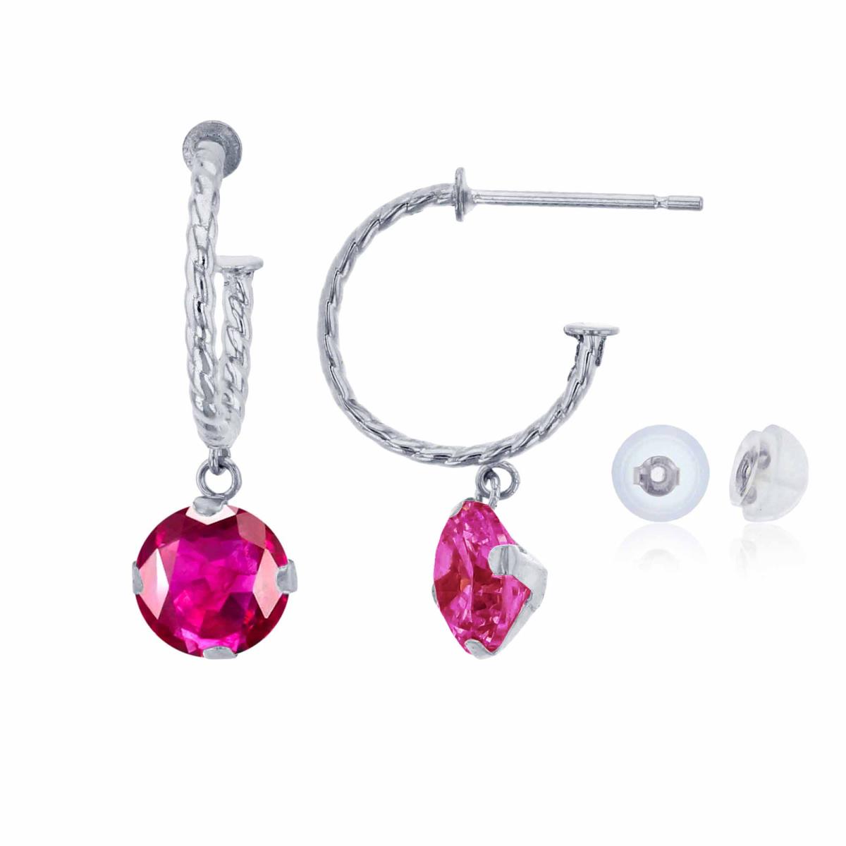 14K White Gold 12mm Rope Half-Hoop with 6mm Rd Glass Filled Ruby Martini Drop Earring with Silicone Back