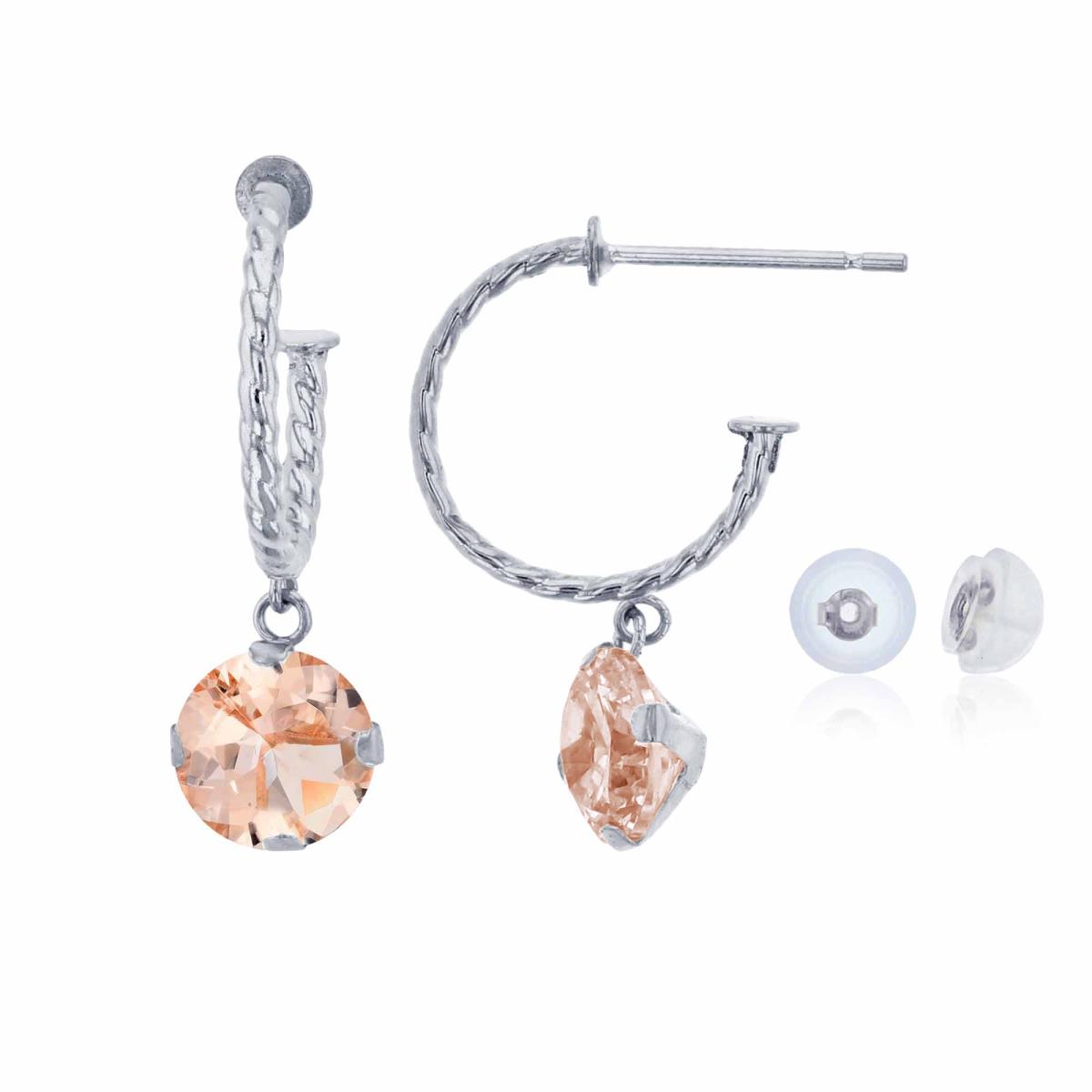 10K White Gold 12mm Rope Half-Hoop with 6mm Rd Morganite Martini Drop Earring with Silicone Back