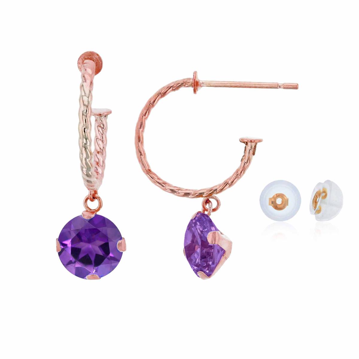 10K Rose Gold 12mm Rope Half-Hoop with 6mm Rd Amethyst Martini Drop Earring with Silicone Back