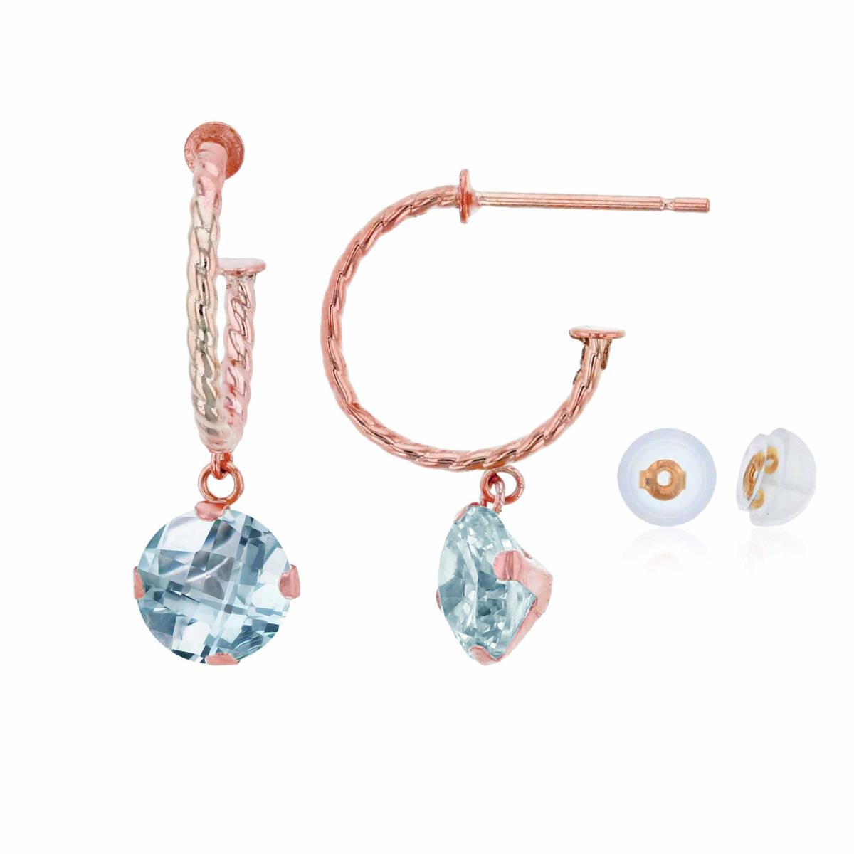 10K Rose Gold 12mm Rope Half-Hoop with 6mm Rd Aquamarine Martini Drop Earring with Silicone Back