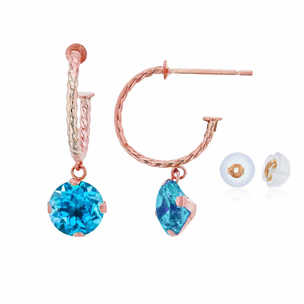 10K Rose Gold 12mm Rope Half-Hoop with 6mm Rd Swiss Blue Topaz Martini Drop Earring with Silicone Back