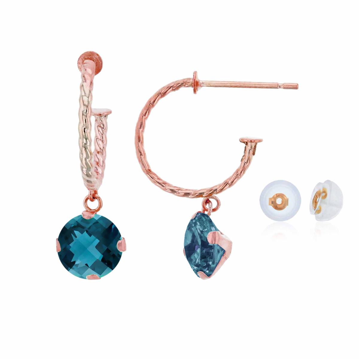 10K Rose Gold 12mm Rope Half-Hoop with 6mm Rd London Blue Topaz Martini Drop Earring with Silicone Back
