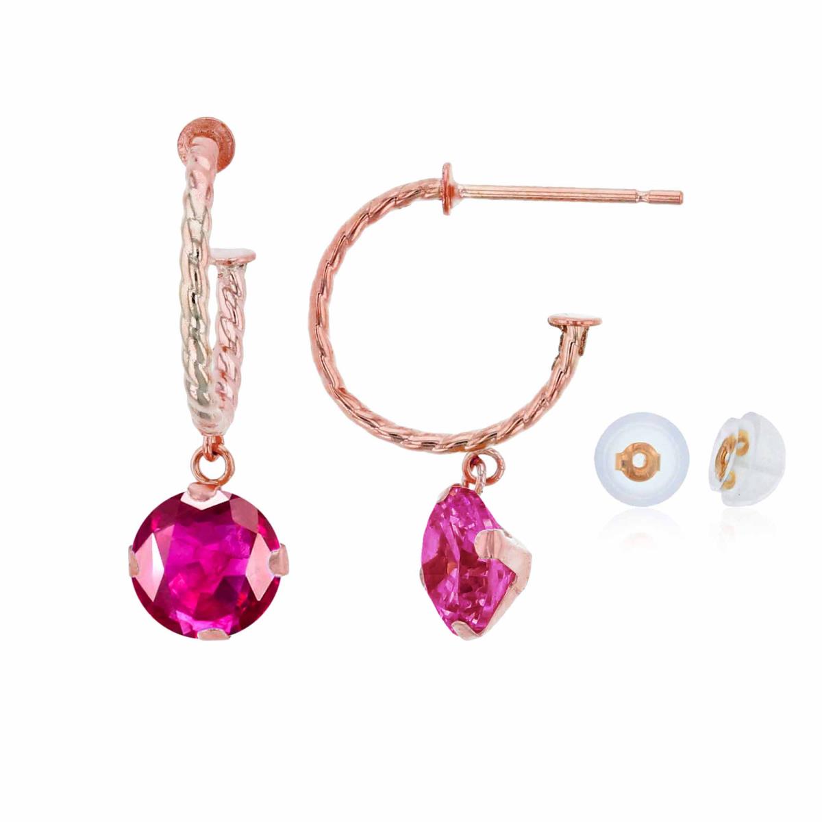 10K Rose Gold 12mm Rope Half-Hoop with 6mm Rd Glass Filled Ruby Martini Drop Earring with Silicone Back