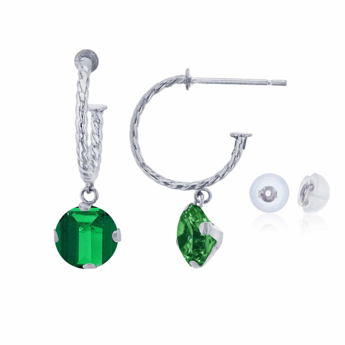 14K White Gold 12mm Rope Half-Hoop with 6mm Rd Created Emerald Martini Drop Earring with Silicone Back