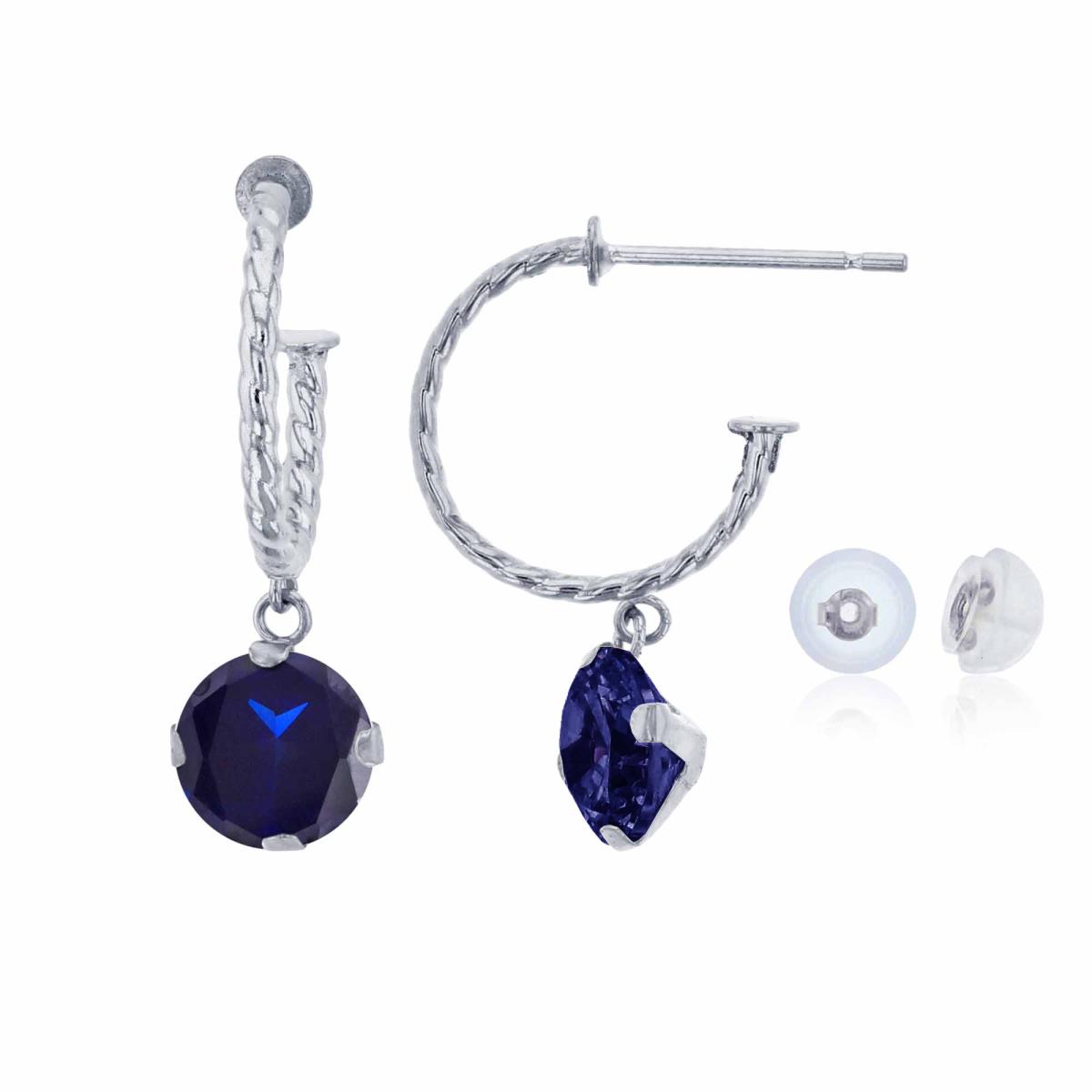 14K White Gold 12mm Rope Half-Hoop with 6mm Rd Created Blue Sapphire Martini Drop Earring with Silicone Back