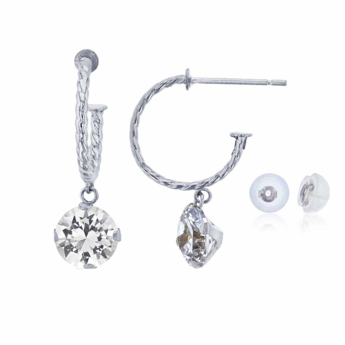 14K White Gold 12mm Rope Half-Hoop with 6mm Rd Created White Sapphire Martini Drop Earring with Silicone Back