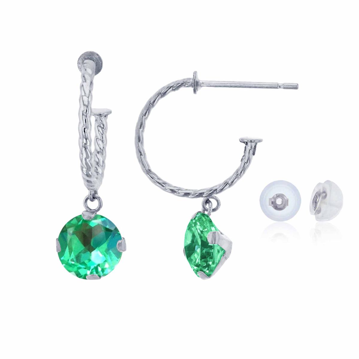 14K White Gold 12mm Rope Half-Hoop with 6mm Rd Created Green Sapphire Martini Drop Earring with Silicone Back