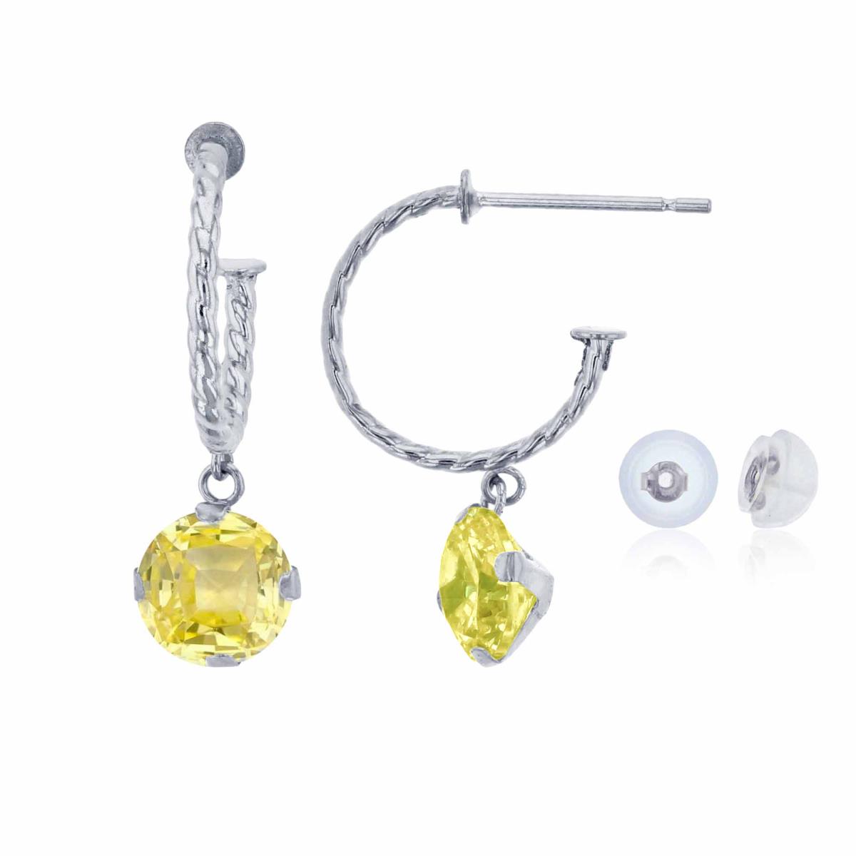 14K White Gold 12mm Rope Half-Hoop with 6mm Rd Created Yellow Sapphire Martini Drop Earring with Silicone Back