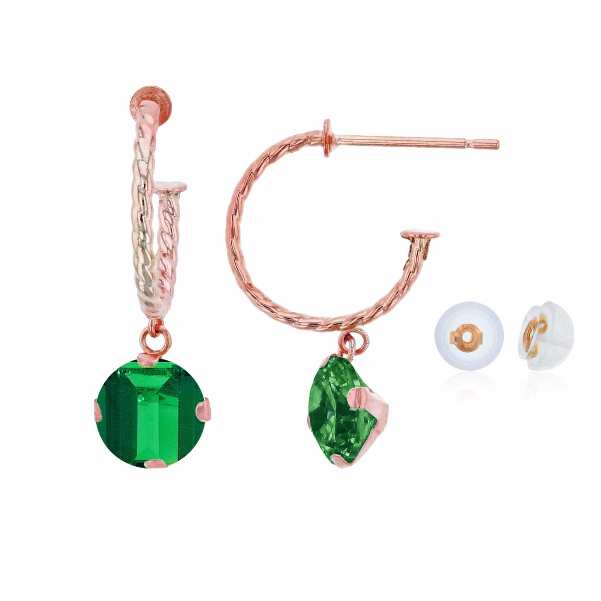 14K Rose Gold 12mm Rope Half-Hoop with 6mm Rd Created Emerald Martini Drop Earring with Silicone Back