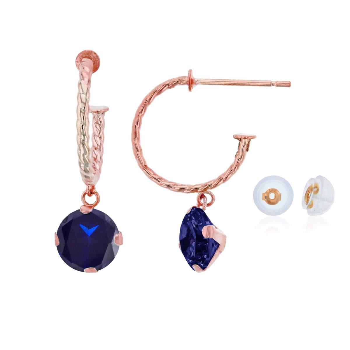 10K Rose Gold 12mm Rope Half-Hoop with 6mm Rd Created Blue Sapphire Martini Drop Earring with Silicone Back