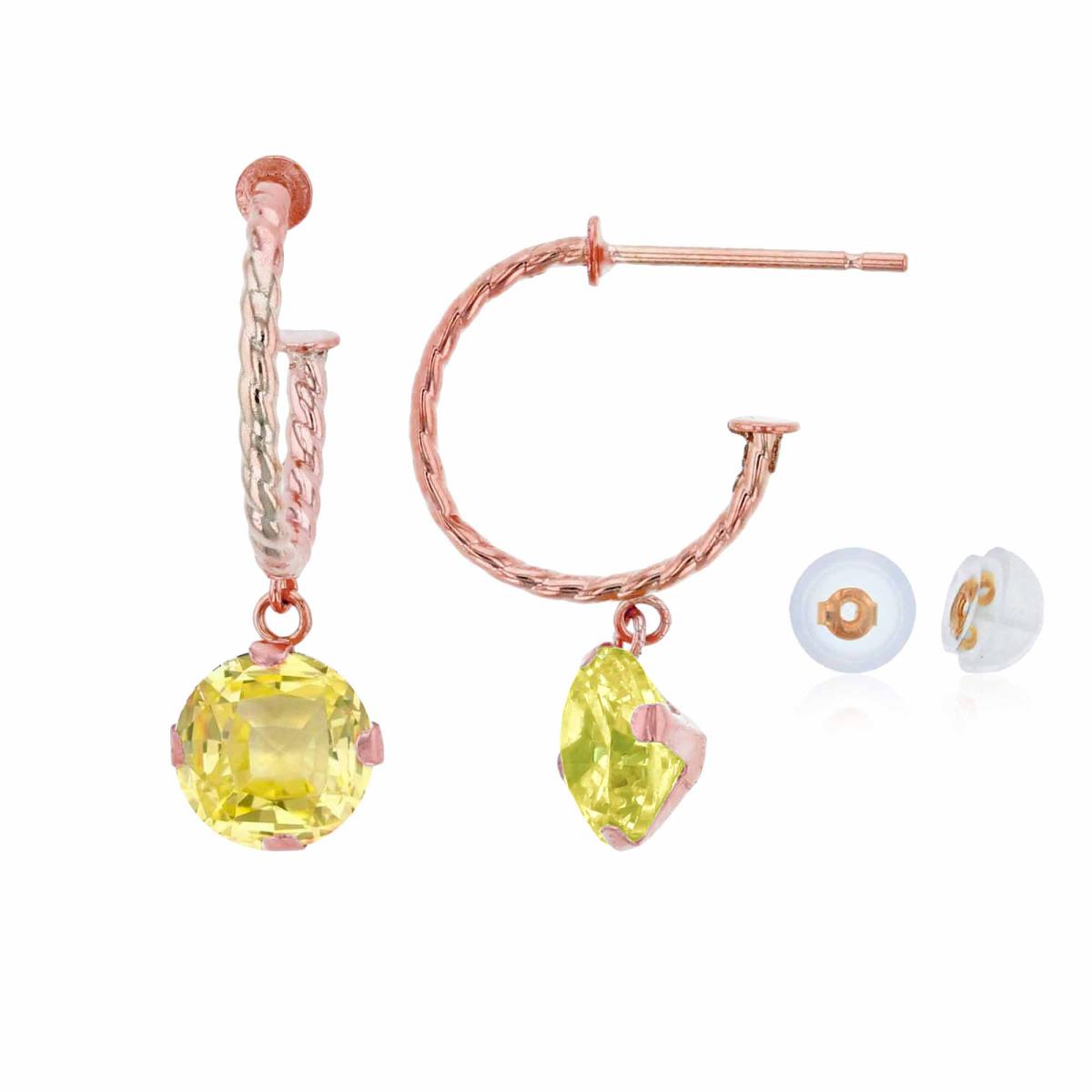 10K Rose Gold 12mm Rope Half-Hoop with 6mm Rd Created Yellow Sapphire Martini Drop Earring with Silicone Back