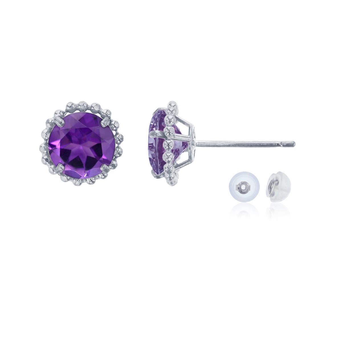 14K White Gold 5mm Rd Amethyst with Bead Frame Stud Earring with Silicone Back