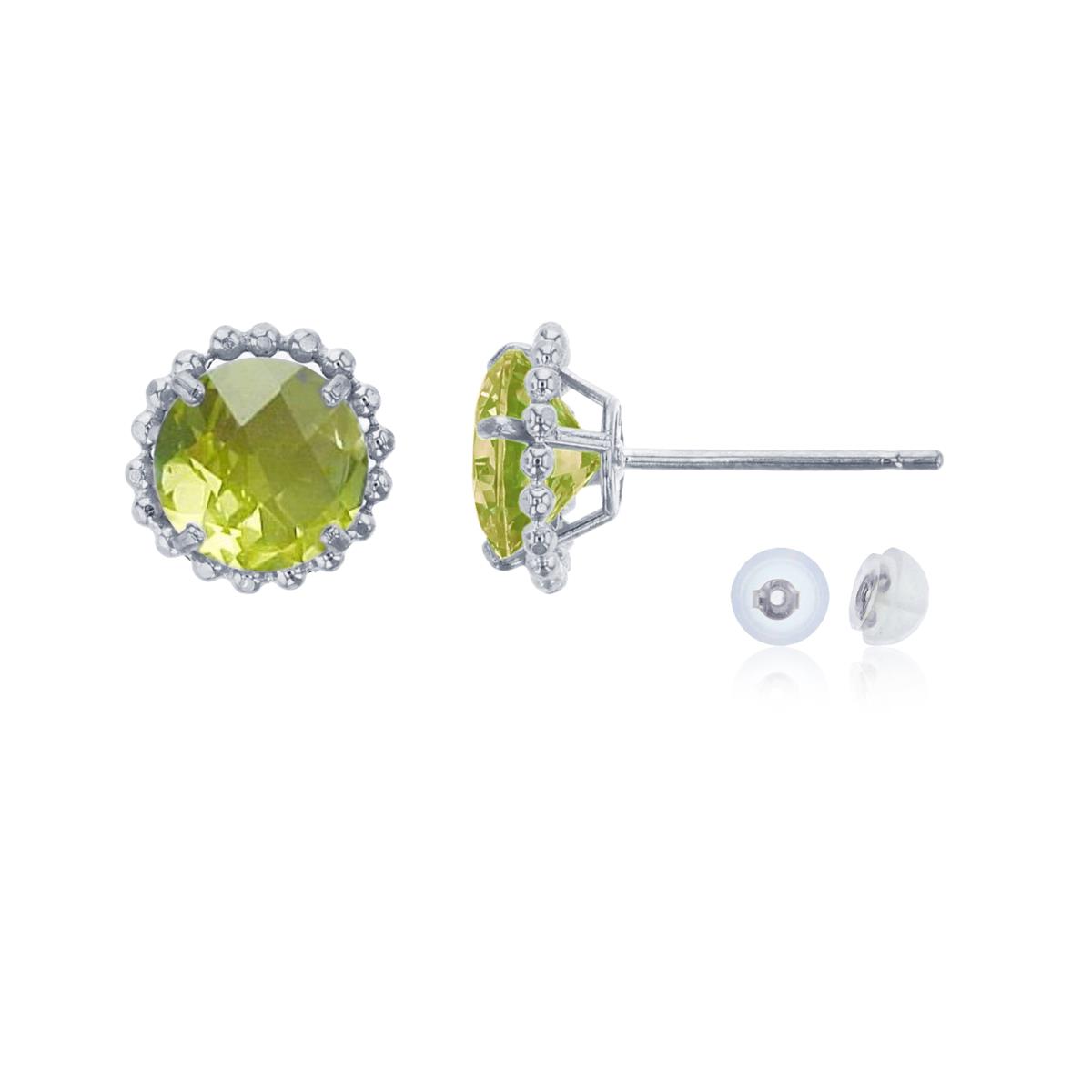 14K White Gold 5mm Rd Apple Quartz with Bead Frame Stud Earring with Silicone Back