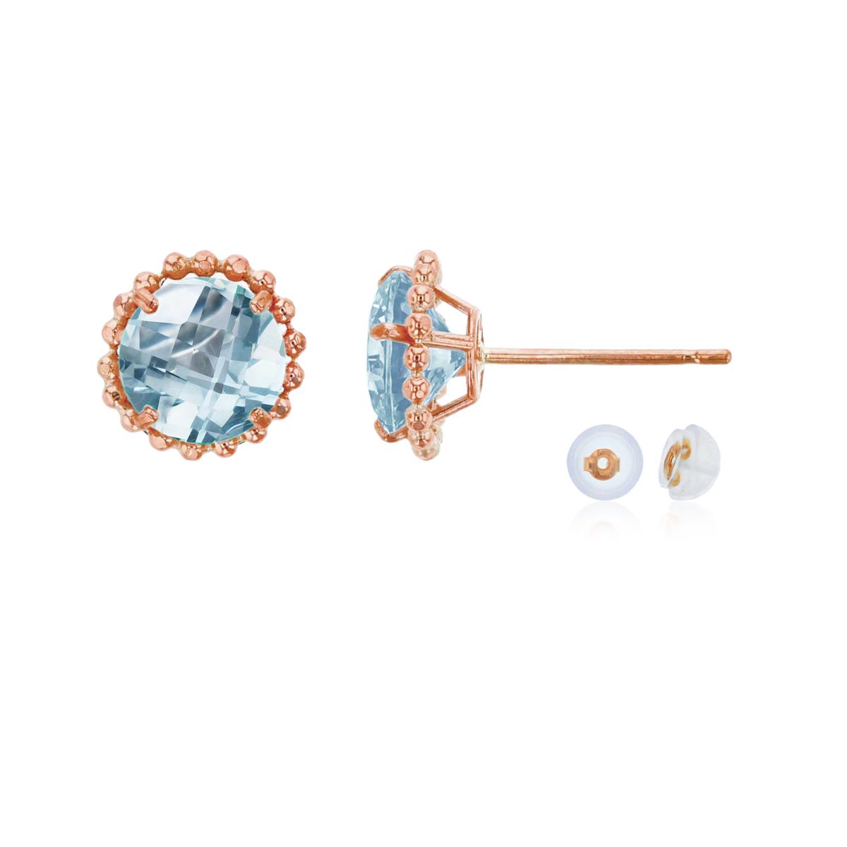 14K Rose Gold 5mm Rd Aquamarine with Bead Frame Stud Earring with Silicone Back
