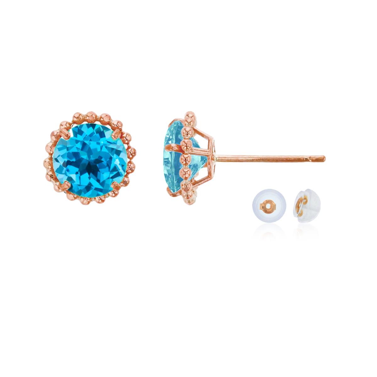 14K Rose Gold 5mm Rd Swiss Blue Topaz with Bead Frame Stud Earring with Silicone Back