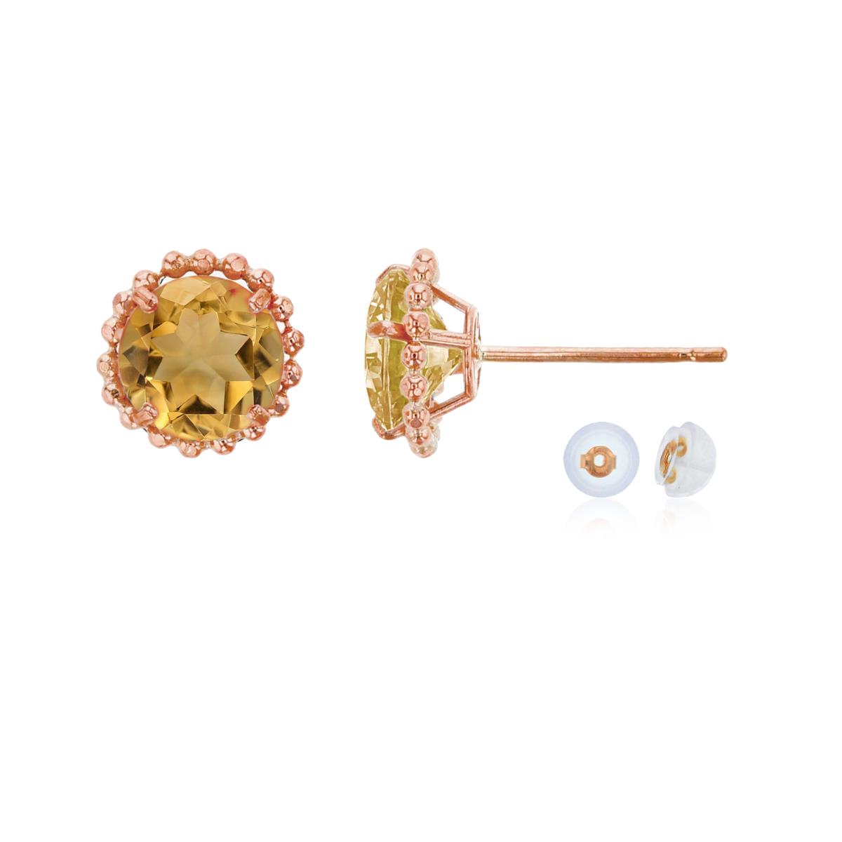 14K Rose Gold 5mm Rd Citrine with Bead Frame Stud Earring with Silicone Back