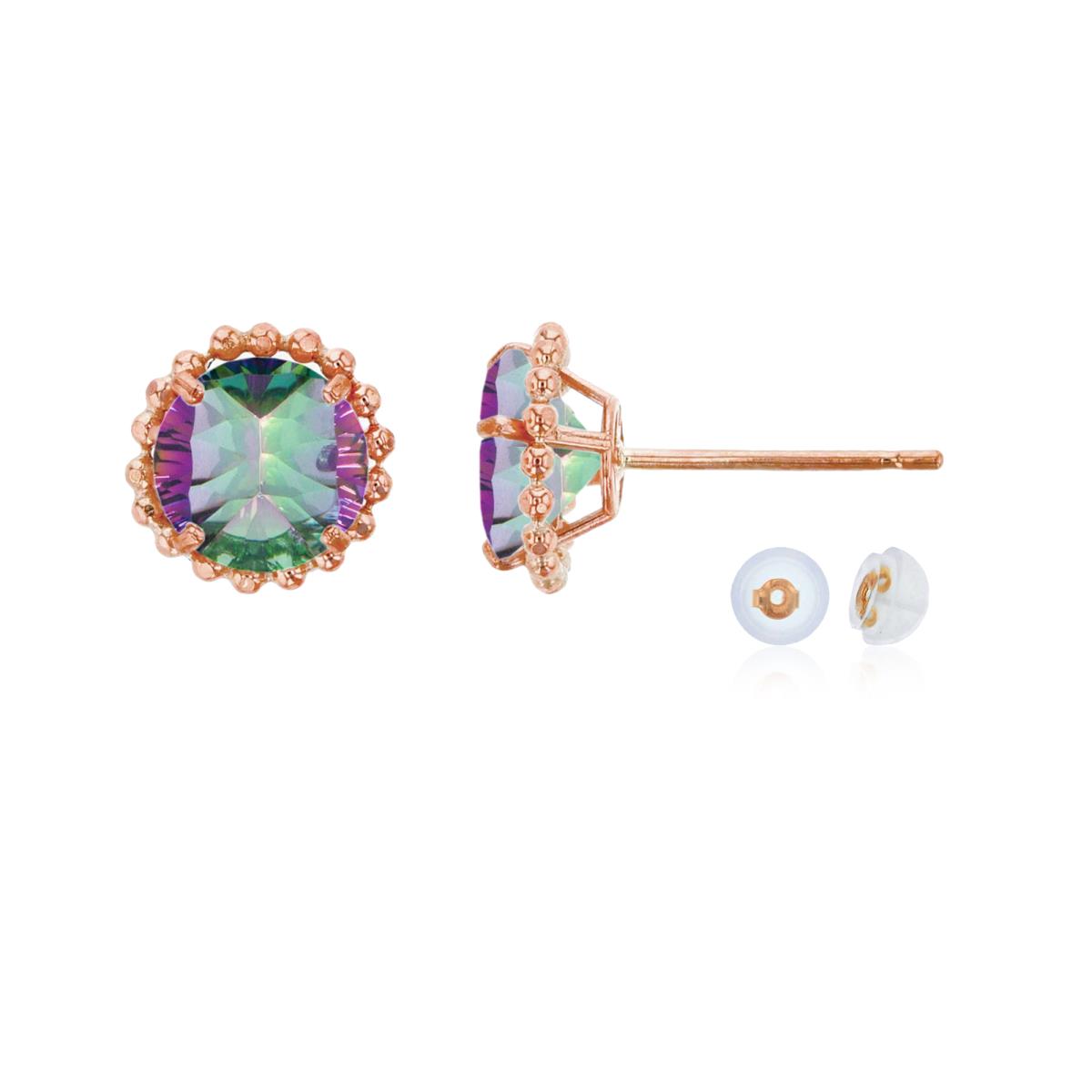 14K Rose Gold 5mm Rd Mystic Green Quartz with Bead Frame Stud Earring with Silicone Back