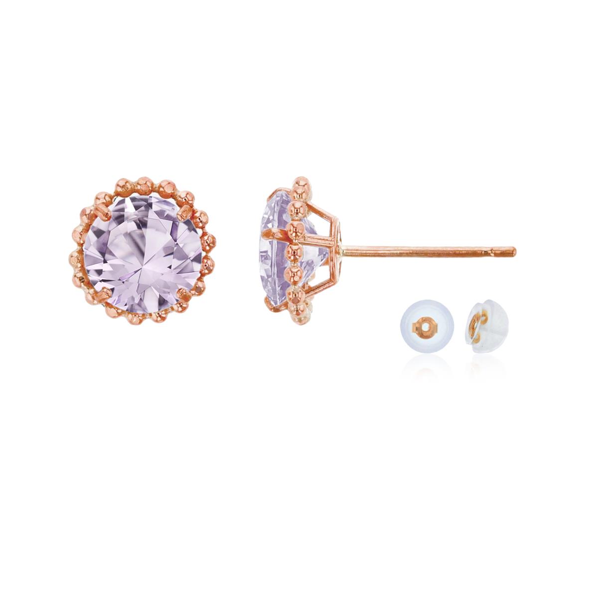 14K Rose Gold 5mm Rd Rose De France with Bead Frame Stud Earring with Silicone Back