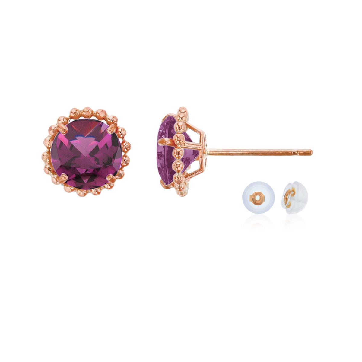 14K Rose Gold 5mm Rd Rhodolite with Bead Frame Stud Earring with Silicone Back