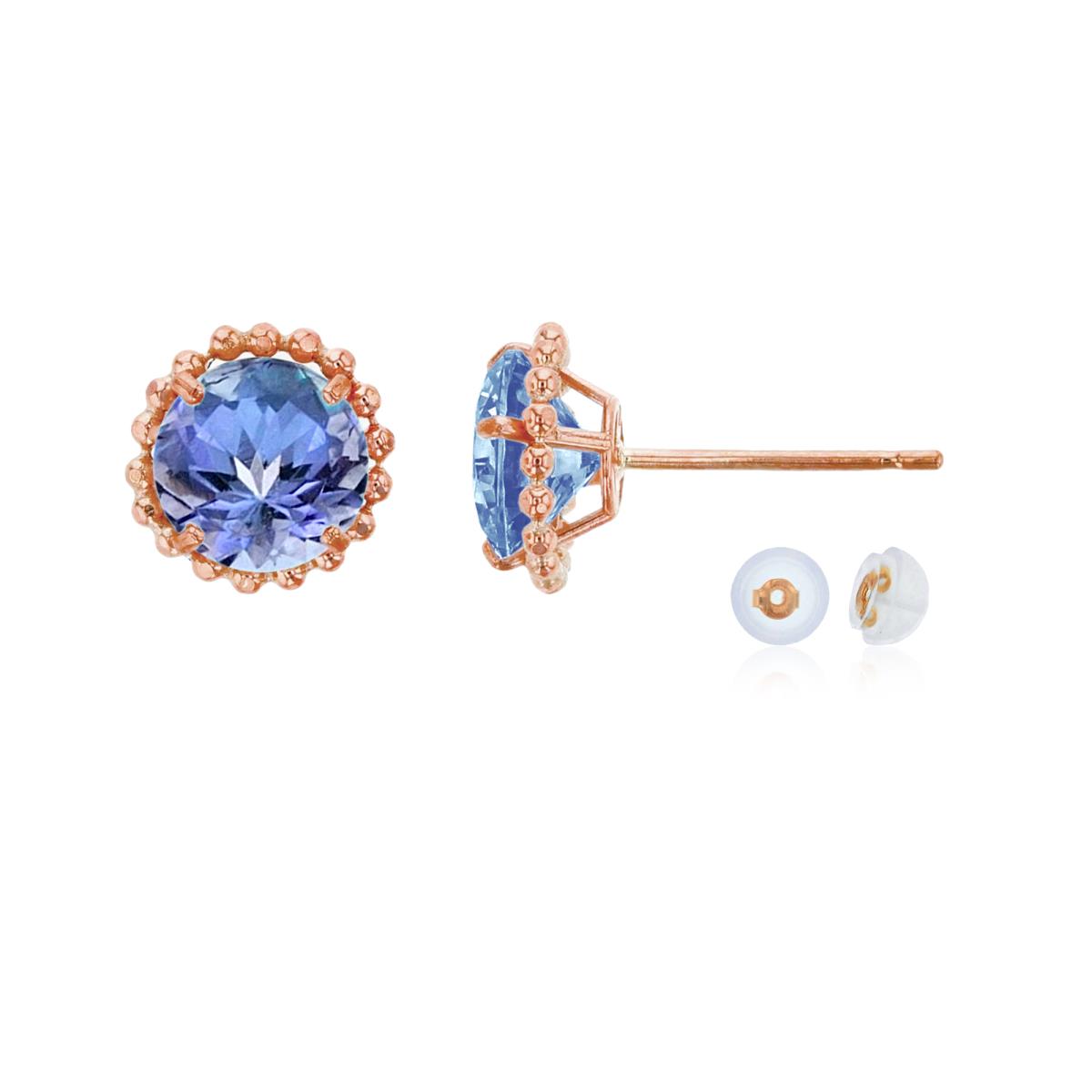 14K Rose Gold 5mm Rd Tanzanite with Bead Frame Stud Earring with Silicone Back