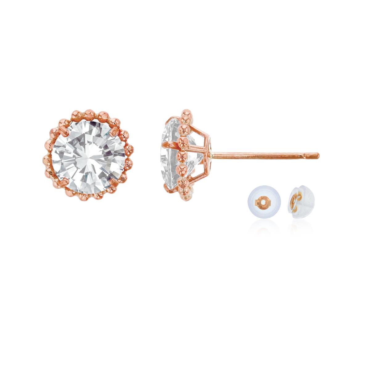 14K Rose Gold 5mm Rd White Topaz with Bead Frame Stud Earring with Silicone Back