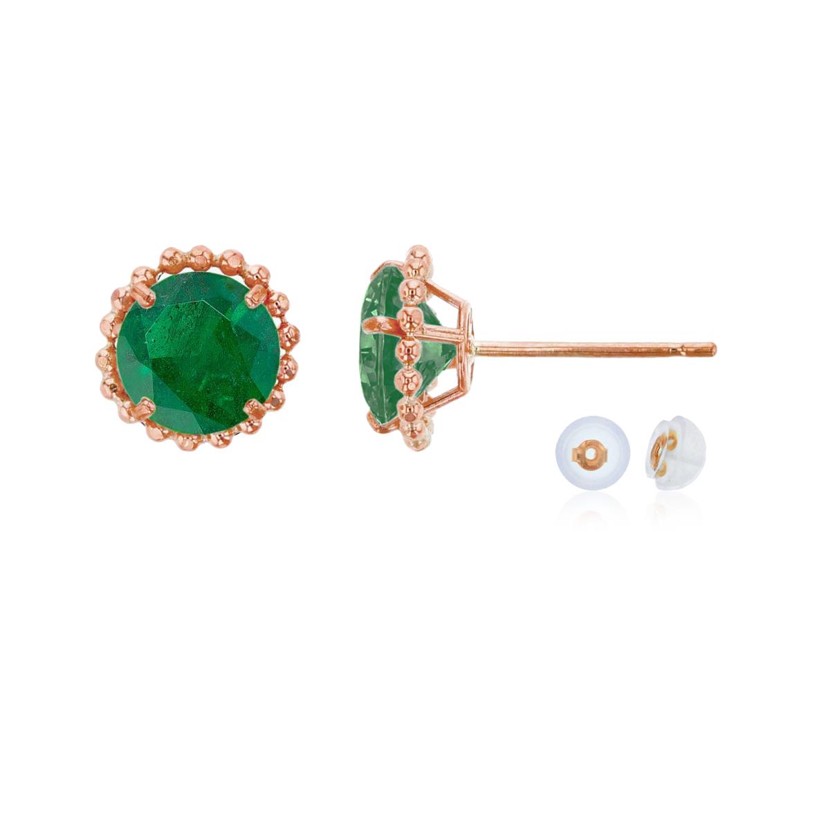 14K Rose Gold 5mm Rd Emerald with Bead Frame Stud Earring with Silicone Back