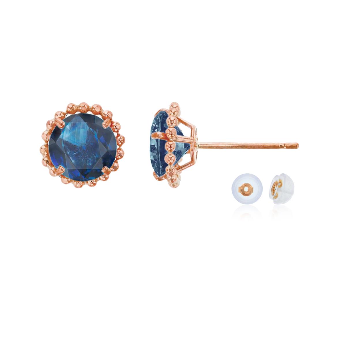 14K Rose Gold 5mm Rd Sapphire with Bead Frame Stud Earring with Silicone Back