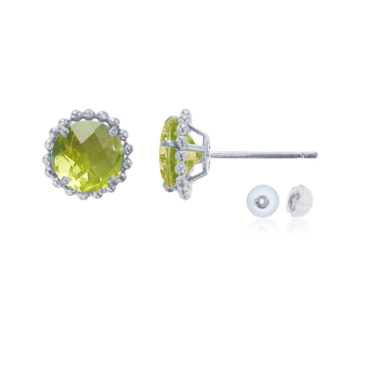 10K White Gold 5mm Rd Apple Quartz with Bead Frame Stud Earring with Silicone Back