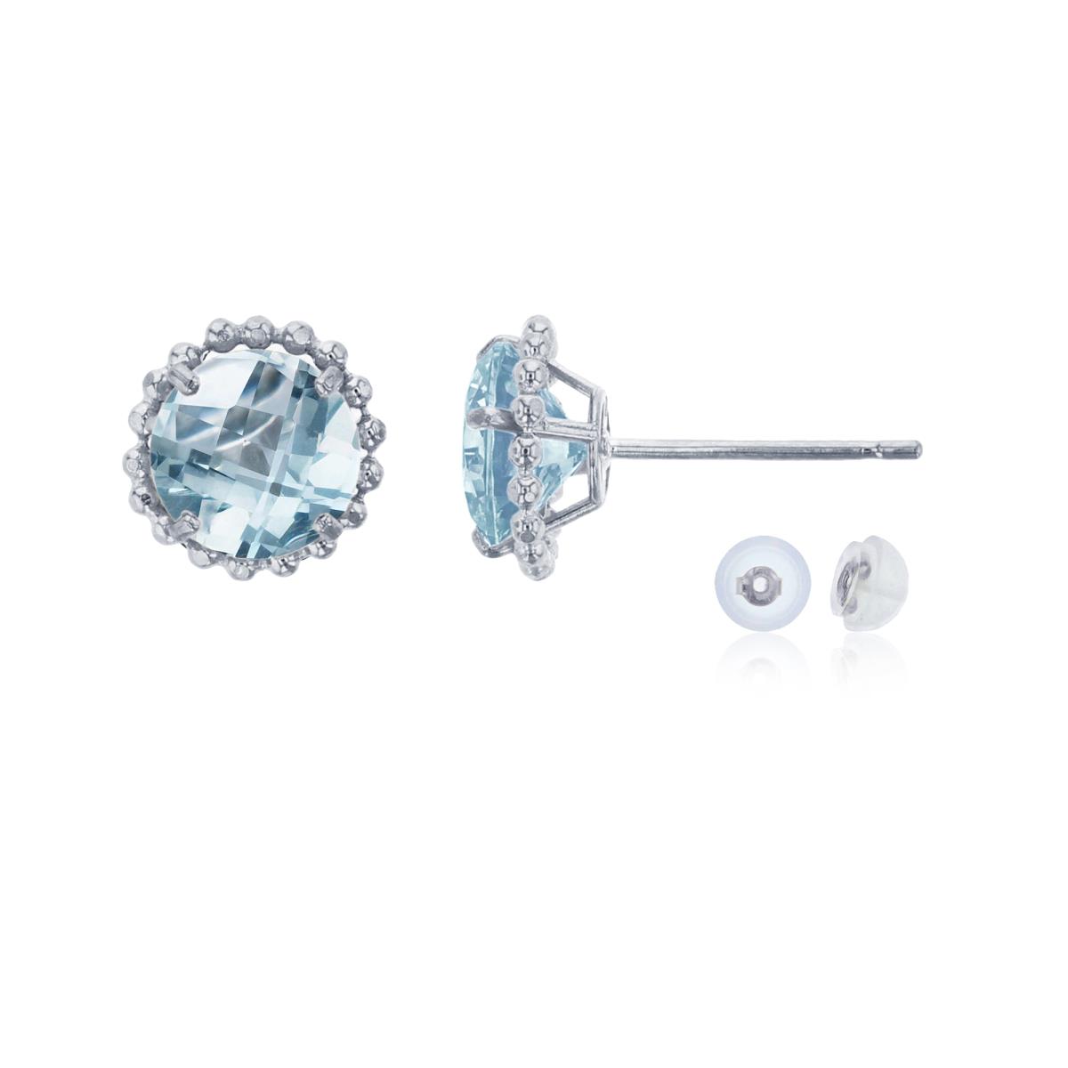 10K White Gold 5mm Rd Aquamarine with Bead Frame Stud Earring with Silicone Back