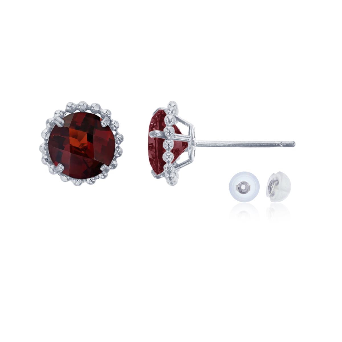 10K White Gold 5mm Rd Garnet with Bead Frame Stud Earring with Silicone Back