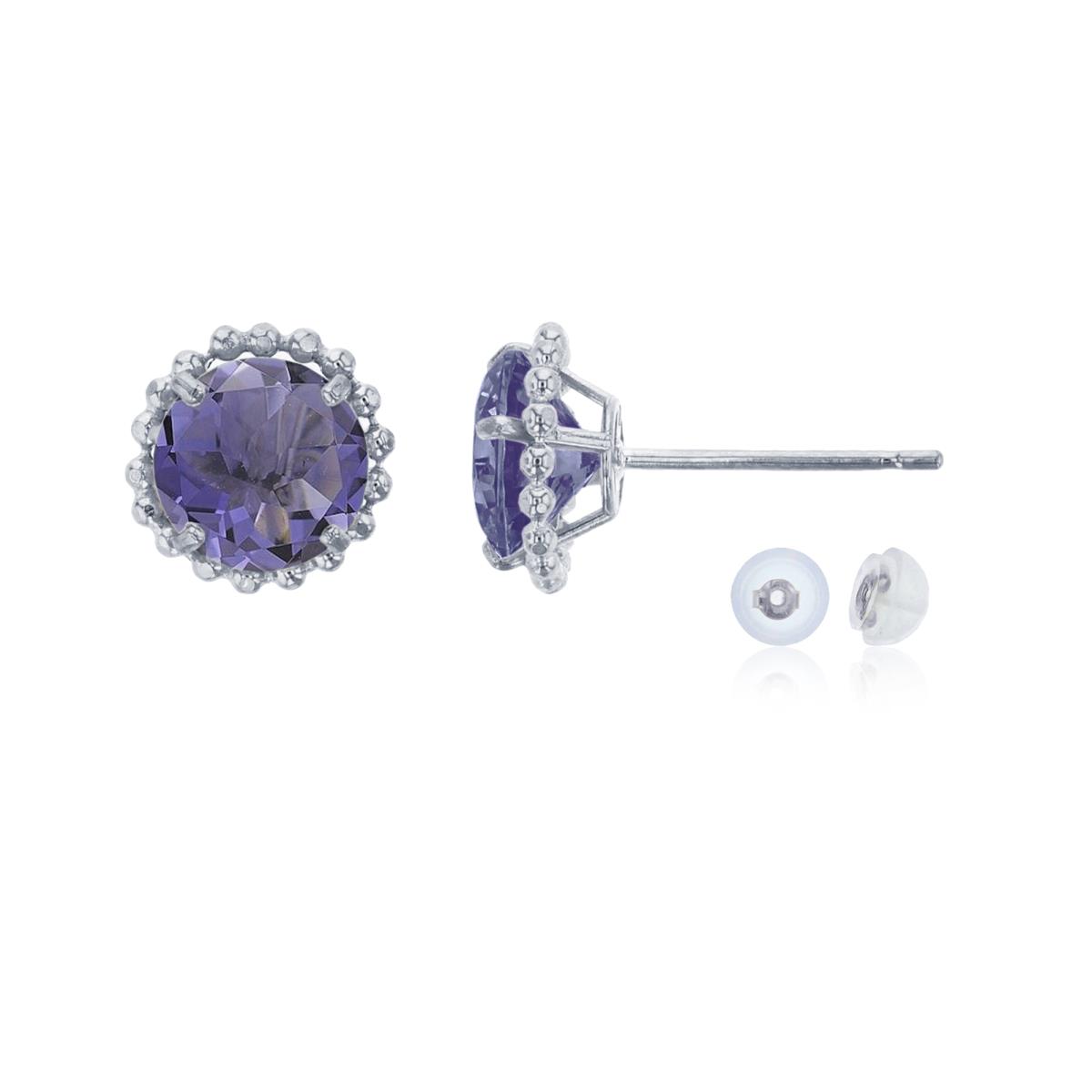 10K White Gold 5mm Rd Iolite with Bead Frame Stud Earring with Silicone Back