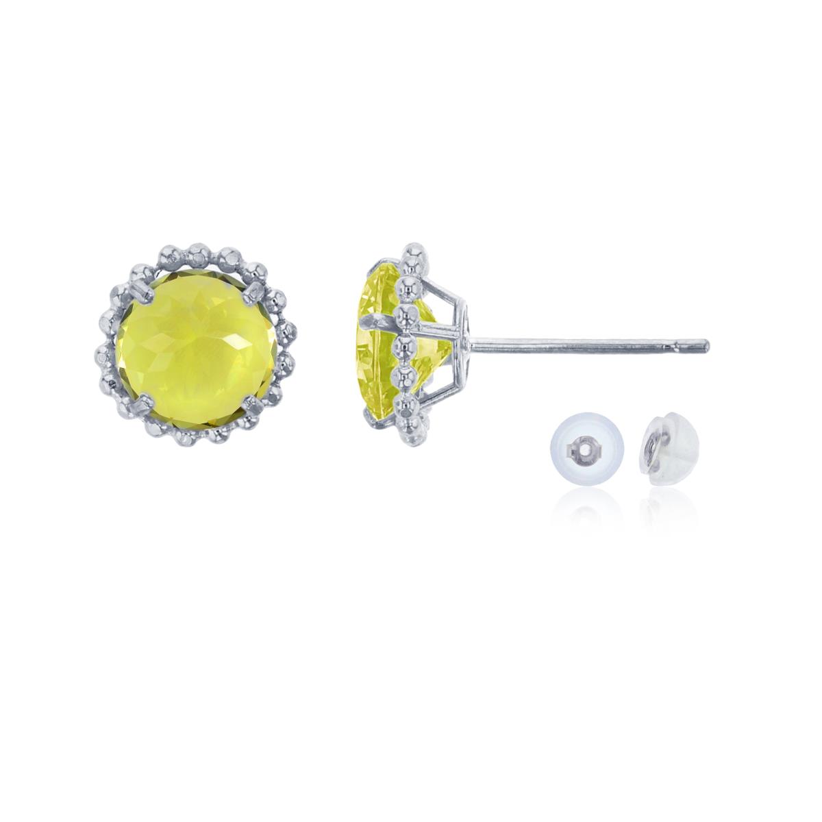 10K White Gold 5mm Rd Lemon Quartz with Bead Frame Stud Earring with Silicone Back