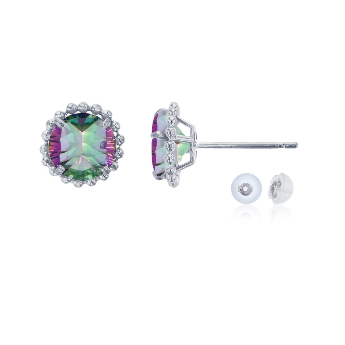 10K White Gold 5mm Rd Mystic Green Quartz with Bead Frame Stud Earring with Silicone Back
