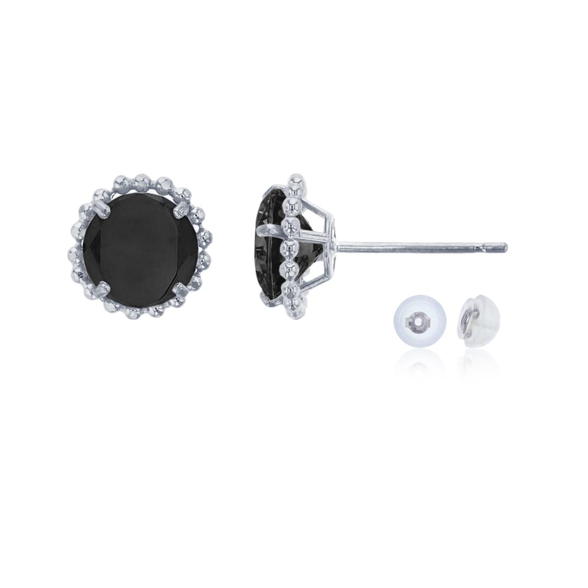 10K White Gold 5mm Rd Onyx with Bead Frame Stud Earring with Silicone Back