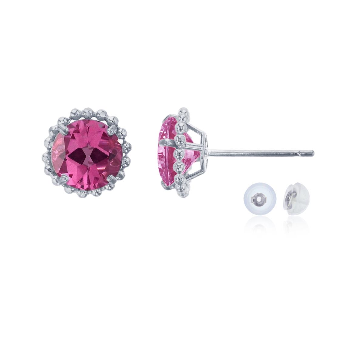 10K White Gold 5mm Rd Pure Pink with Bead Frame Stud Earring with Silicone Back