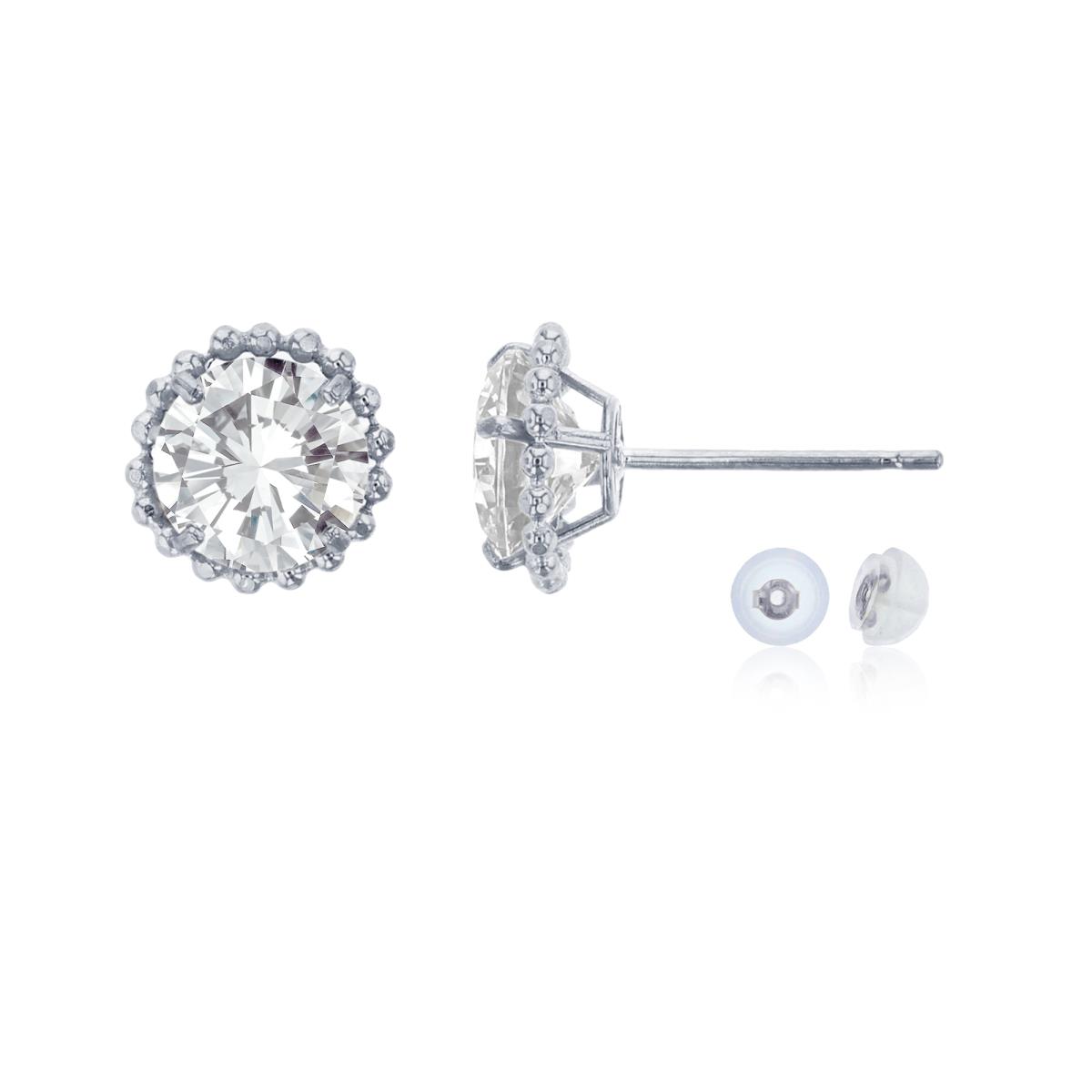 10K White Gold 5mm Rd White Topaz with Bead Frame Stud Earring with Silicone Back