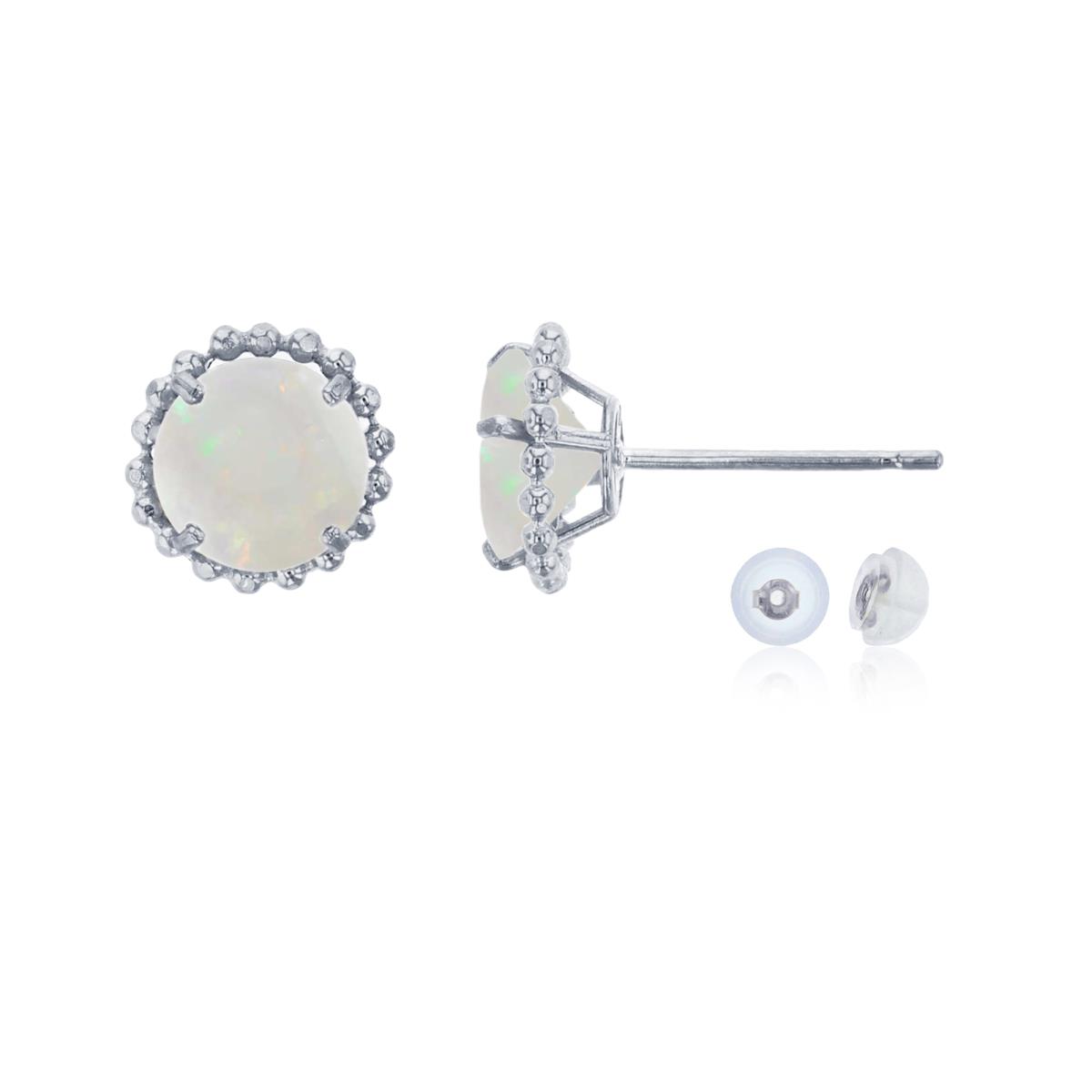 10K White Gold 5mm Rd Opal with Bead Frame Stud Earring with Silicone Back
