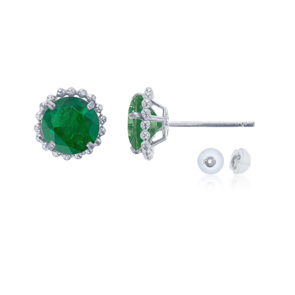 10K White Gold 5mm Rd Emerald with Bead Frame Stud Earring with Silicone Back