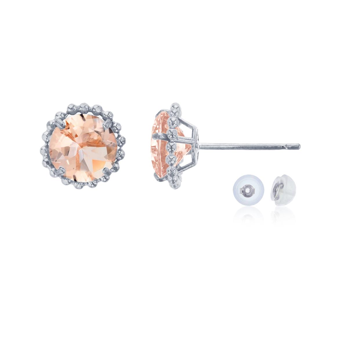 10K White Gold 5mm Rd Morganite with Bead Frame Stud Earring with Silicone Back