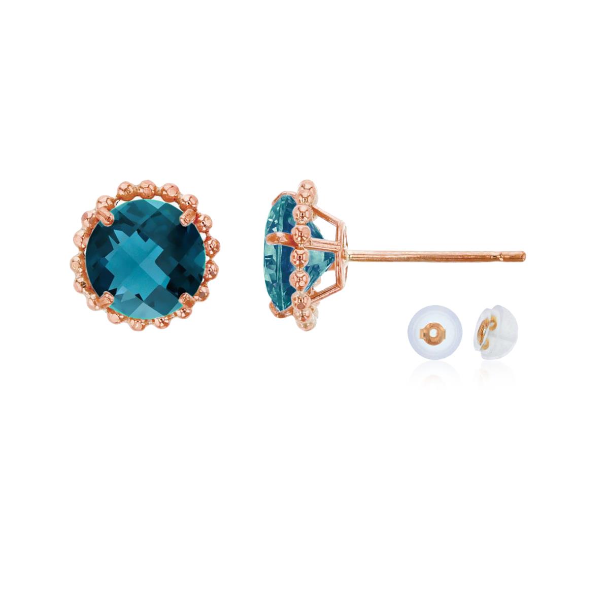 10K Rose Gold 5mm Rd London Blue Topaz with Bead Frame Stud Earring with Silicone Back