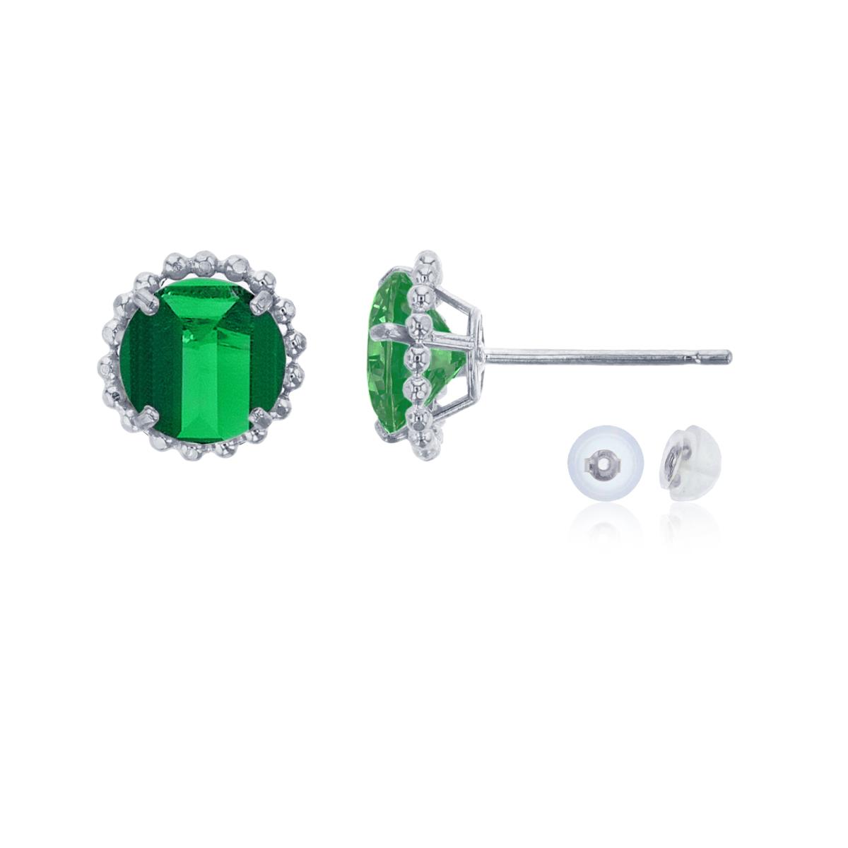 14K White Gold 5mm Rd Created Emerald with Bead Frame Stud Earring with Silicone Back