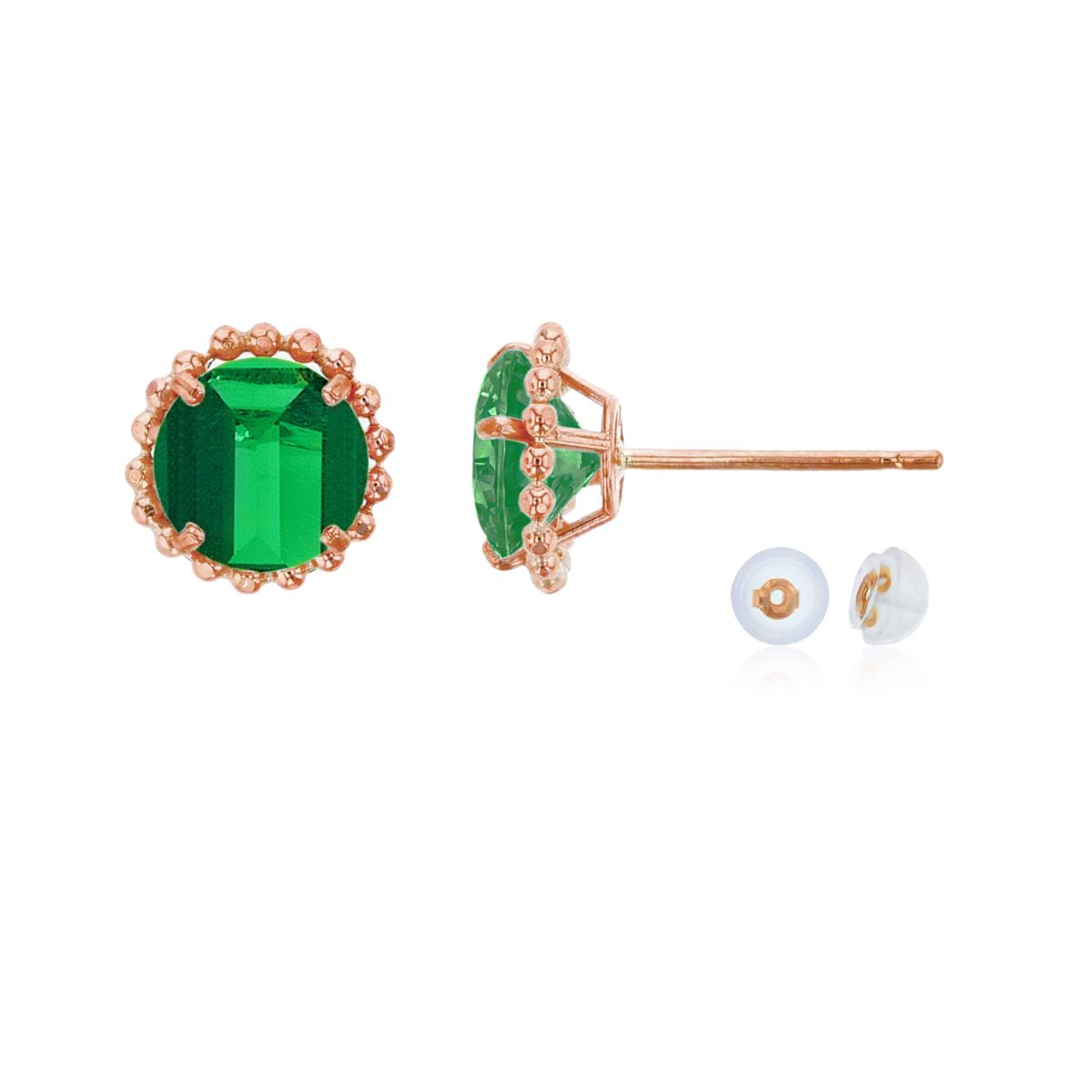 14K Rose Gold 5mm Rd Created Emerald with Bead Frame Stud Earring with Silicone Back