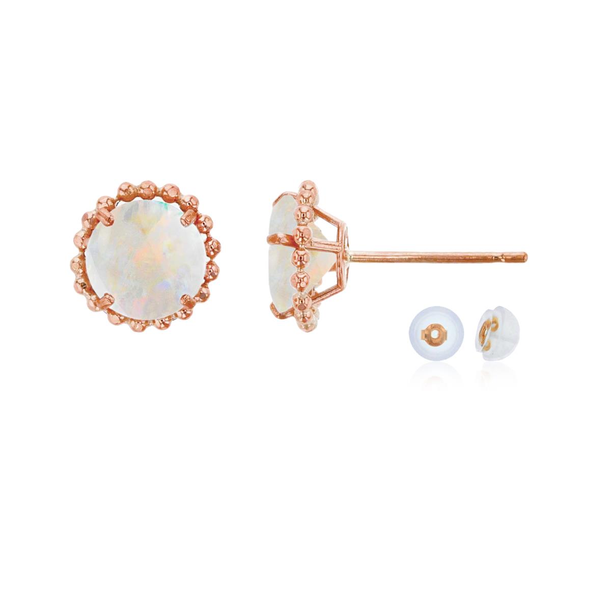14K Rose Gold 5mm Rd Created Opal with Bead Frame Stud Earring with Silicone Back